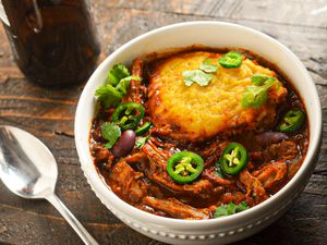 Overhead view of pulled pork chili