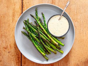 Overhead view of asparagus on a plate