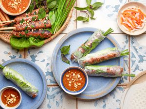 Overhead view of pork paste rice paper rolls