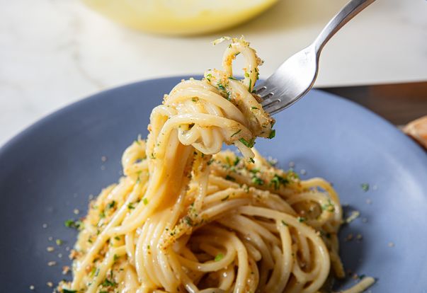 Side view of caesar pasta