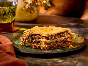 Slice of carrot cake baklava on a plate
