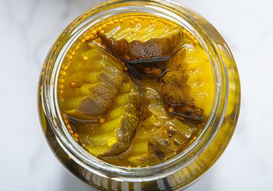 A jar of breadandbutter pickles viewed from above