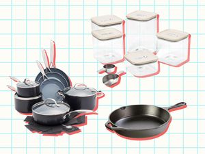 GreenPan Valencia Pro Hard Anodized 11 Piece Cookware Pots and Pans Set, Caraway Glass Airtight Container Set, and Lodge 10.25 Inch Cast Iron Skillet on a blue grid background