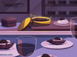 an illustration of a golden tin of caviar with caviar on oysters on plates, and glasses of wine.