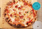 A pizza on a wooden cutting board